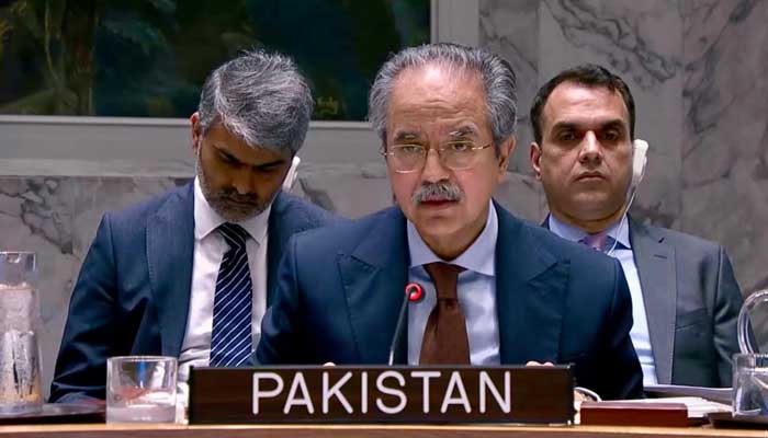 The ambassador equal Iphtikhahar Ahmad, permanent representative of Pakistan before the United Nations, speaks during the emergency session of the United Nations Security Council, was convened in the conflict of Iran-Israel, Geneva, June 20, 2025. –X/@Pakistanun_ny