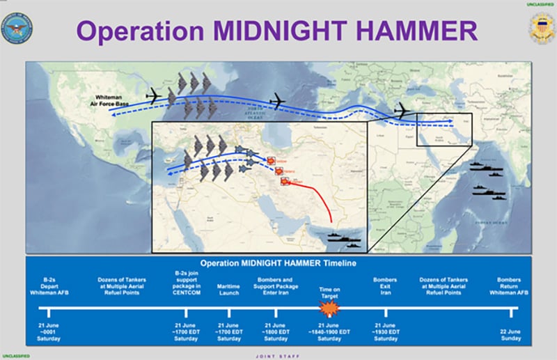 A graph released by the pentagon that shows the flight route and the timeline of the Midnight Hammer operation.