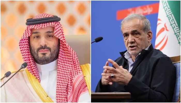Saudi Arabias Prince Mohammed Bin Salman (left) attends the Summit of the Arab League, in Jeddah, Saudi Arabia, May 19, 2023 and the president of Irans Masoud Pezeshkian attends a press conference in Tehran, Iran, September 16, 2024.