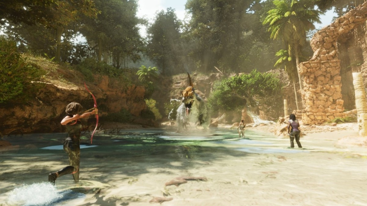 Ark: Survival of ascended players fighting a dinosaur.