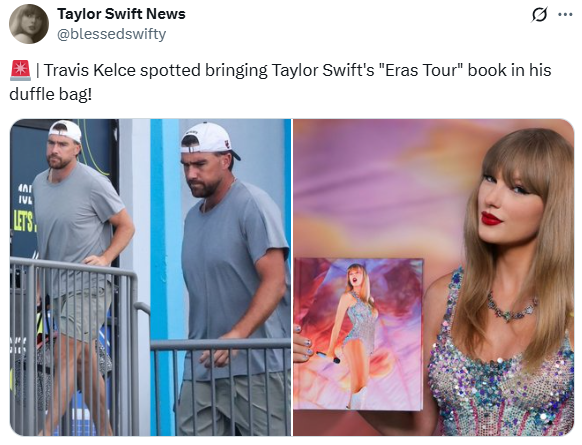 Travis Kelce Sparks Swiftie Frenzy After Eras Book stained in the gymnastics bag