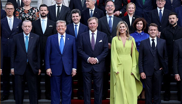 Turkeys President Tayyip Erdogan, US President Donald Trump, Dutch King Willem-Alexander and Dutch Queen Maxima, French President Emmanuel Macron, Italian Prime Minister Giorgia Meloni, Canadian Prime Minister Mark Carney, Ukraines President Volodymyr Zelenskiy, Britains Prime Minister Keir Starmer and Nato Heads of State and Government has for a picture ahead of a Dinner hosted by dutch King Willem-Alexander and the Dutch queen Maxima, apart from a NATO summit, in the Huis Ten Bosch palace in The Hague, Netherlands, June 24, 2025.-Reuters