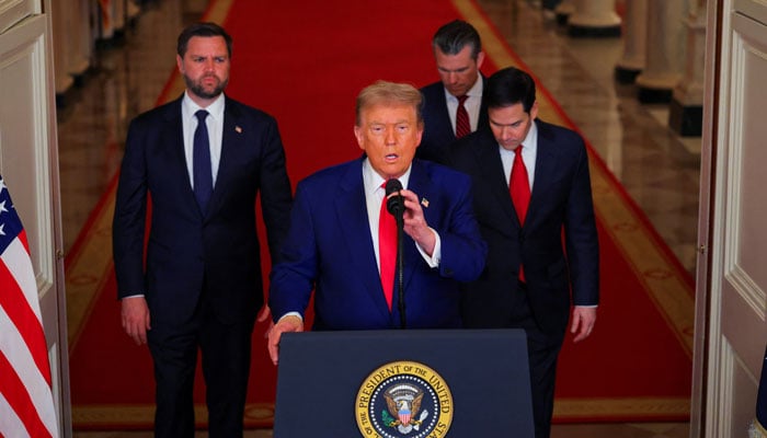 The president of the United States, Donald Trump, delivers a speech to the Nation together with the United States vice president, JD Vance, the United States Secretary of State, Marco Rubio, and the United States Secretary of Defense, Pete Hegseth, in the White House in Washington, DC, on June 21, 2025, following the strikes of the United States in the nuclear facilities of the IRANS. - Reuters