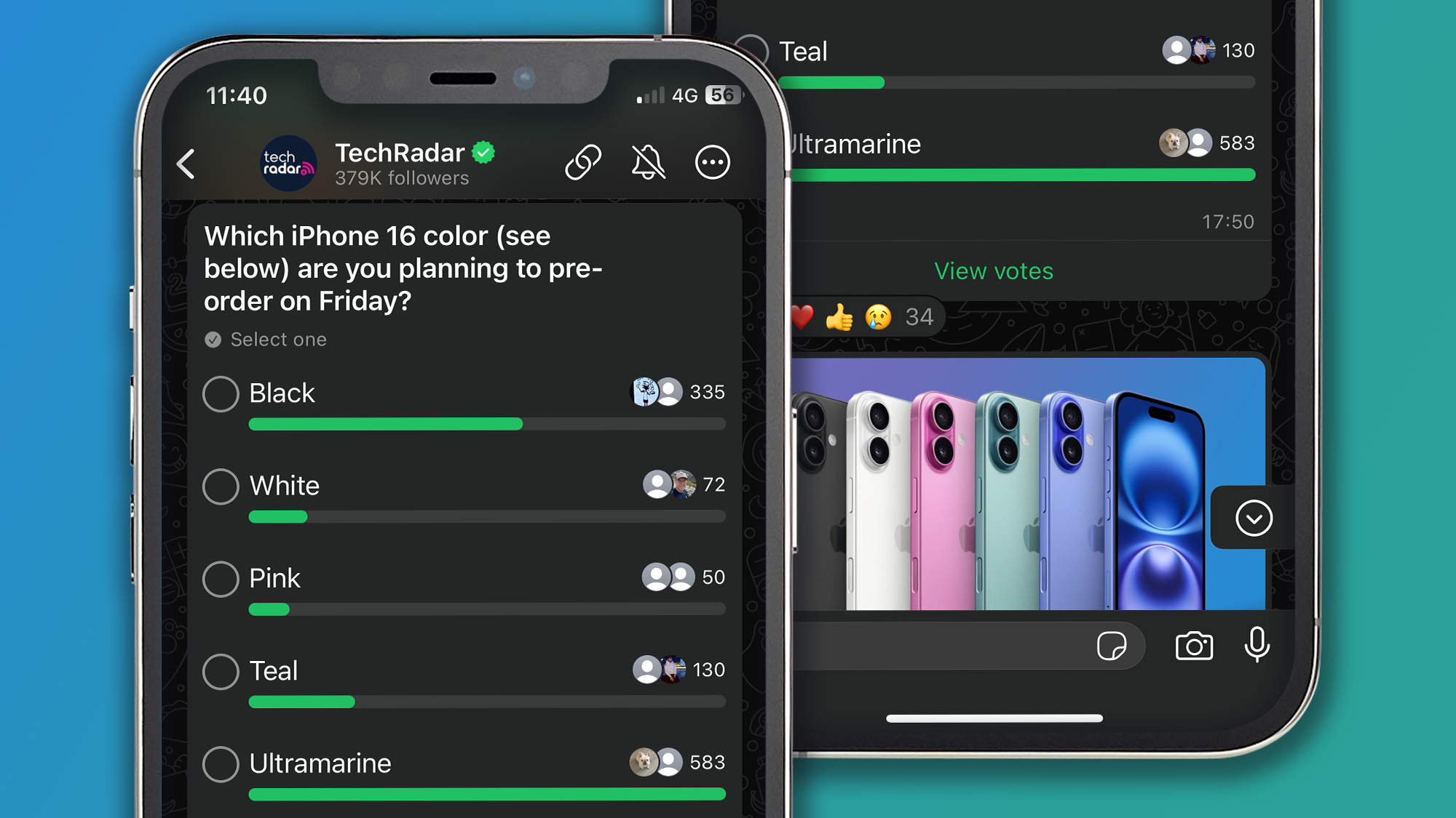 Two iPhones on a green and blue background showing a WhatsApp survey