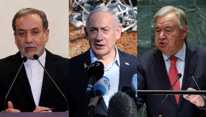 (From left to right) Iranian Foreign Minister Abbas Araghchi, Israeli Prime Minister Benjamin Netanyahu and UN Secretary General, António Guterres. - Reuters/ file