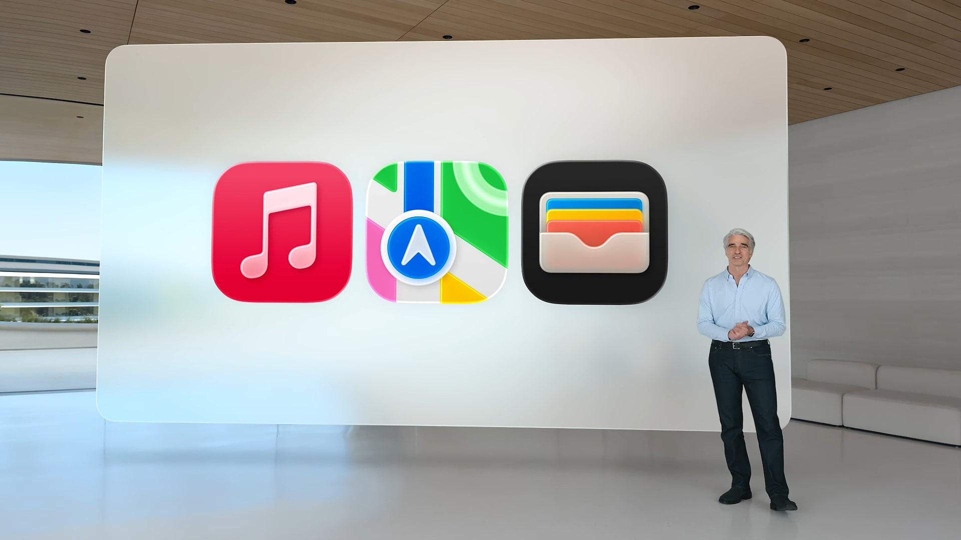 Apple Craig Federight presents updates of Apple Music, Apple Maps and Apple Wallet applications in iOS 26 at the World Developer Conference (WWDC) in June 2025.