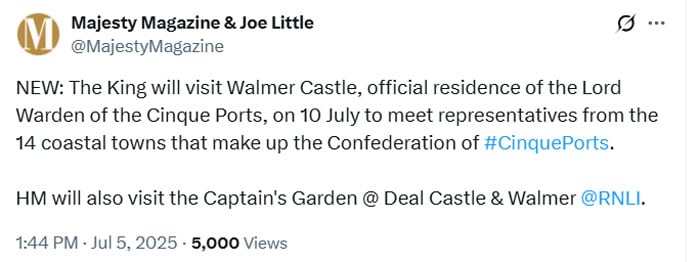 King Charles to visit Walmer Castle