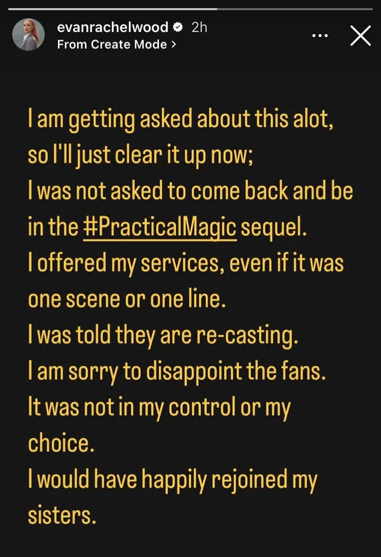 Evan Rachel Wood breaks silence about practical magic 2 snub