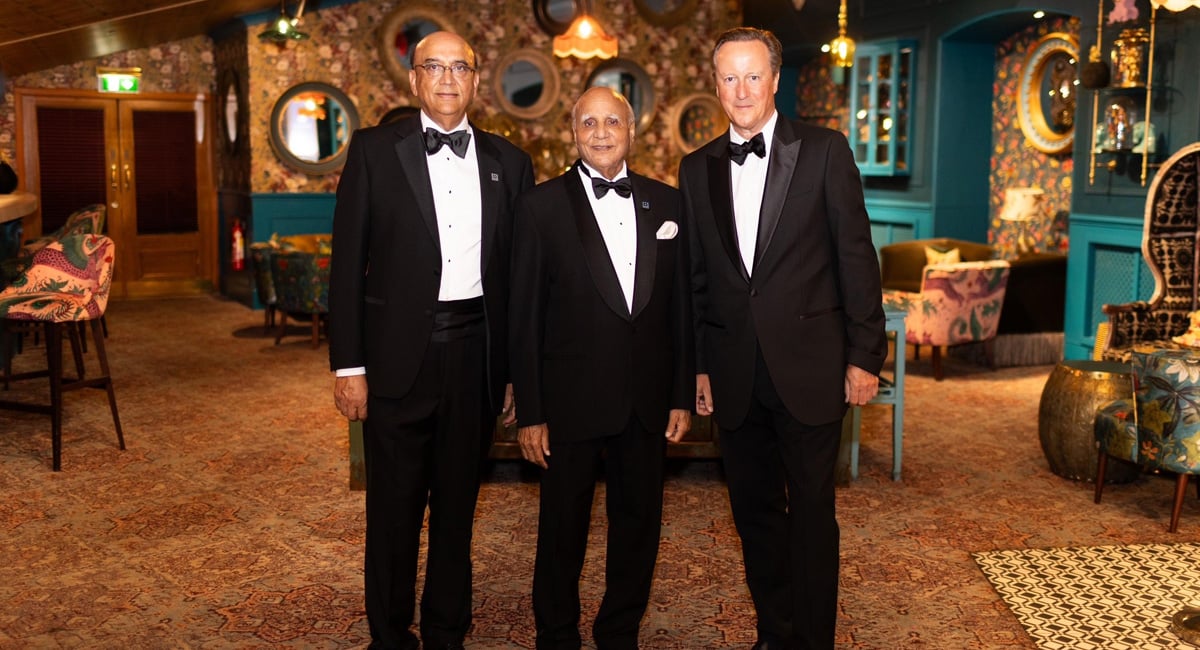 (From the left) President of the Bestway Lord Zameer Choudrey Cbe Si (PK) group, the founder of the Bestway group, Sir Anwar Pervez Obe, and the former Prime Minister of the United Kingdom, Lord David Cameron, can be seen during the celebration of the 50th anniversary of Bestway in the Royal Albert Hall, London, Great Britain. - Reporter