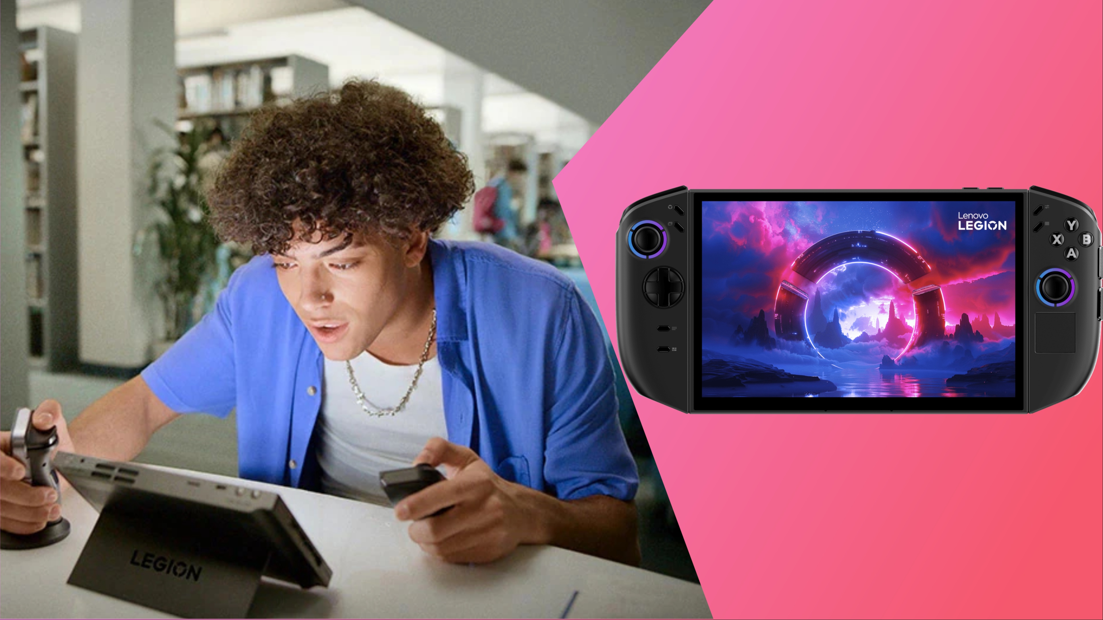 Lifestyle photo for Legion Go and Render of Legion Go 2 Handheld
