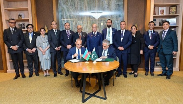 Vice President Prime Minister Ishaq Dar and Economy Minister Azerbaijan, Mikayil Jabbarov, formally signed the agreement in Shusha, Azerbaijan on Friday. - Application