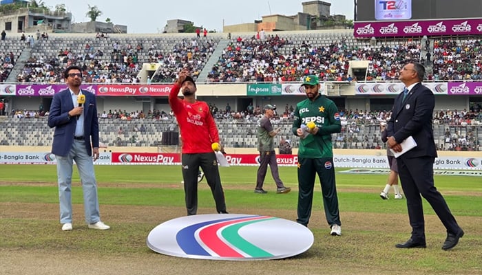Bangladesh's captain Litton Das (center on the left) and Pakistan's captain, Salman Ali Agha, during the launch time of the first T20i at the Shere Bangla National Stadium in Mirpur, Dhaka, on July 20, 2025.