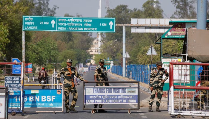 India Bsf Stail Stand Guard at the Crossing of Attari-Wagah on the border between India-Pakistan in Amritsar, on April 25, 2025.-Reuters