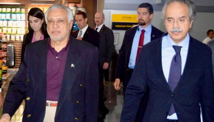 The permanent representative of Pakistan to the UN, equal Iftikhar (right), receives DPM ISHAQ to arrive at New York, on July 21, 2025. - X@ForeignPetEPK