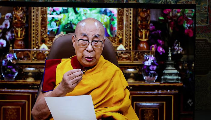 The Tibetan spiritual leader Dalai Lama is directed through a video message in the inaugural session at the 15th Tibetan Religious Conference in the Library and Archive of Dalai Lama near Tsuglagkhang, also known as the complex of the Dalai Lamas Temple, in the city of Dharamshala in the north of La Colina, India, July 2, 2025.