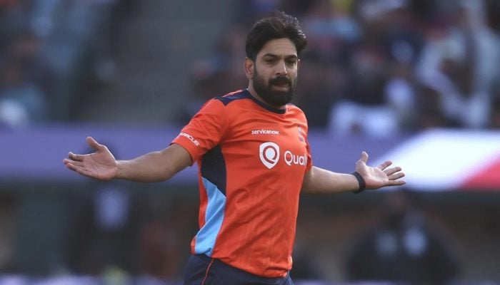 The unicorns of San Francisco Haris Rauf celebrates taking a wickt against the Super Kings of Texas during the major league cryket 2025, Dallas, June 21, 2025. - MLC