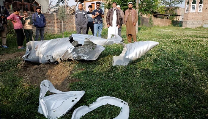 Metal debris are found in the field in Wuyan in the district of Jammu and Pulwama Kashmir.
