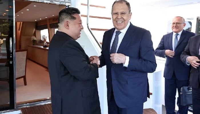 The North Korean leader, Kim Jong Una, shakes hand to the Russian Foreign Minister Sergei Lavrov during a meeting in Wonsan, North Korea, July 12, 2025. - Reuters