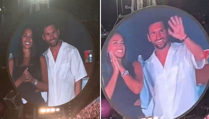 The collage shows Lionel Messi, the Antonela Roccuzzo wife attend the Coldplay concert in Miami on July 27. - x