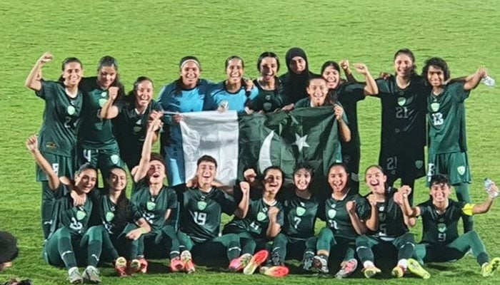 Pakistan players celebrate after defeating Indonesia during the AFC Women's Cup match at the Stadium Sport Center at the Tangerang agency on July 2, 2025. - Reporter
