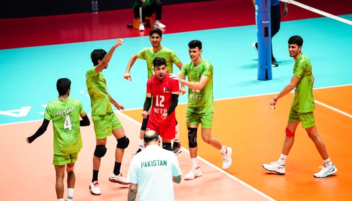 Pakistan's U19 volleyball team celebrates during its match against Puerto Rico in Tashkent, Uzbekistan, on July 28, 2025.-Reporter