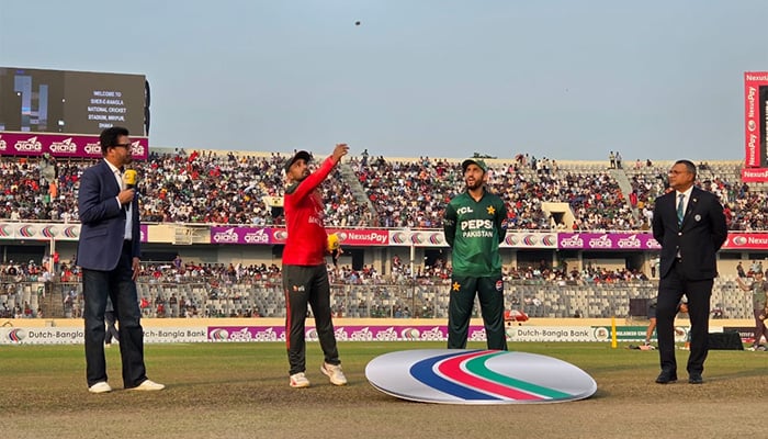 Bangladesh captain, Litton Das (central-left) and Pakistan's captain, Salman Ali Agha (center-right) during the launch time before the second T20I at the National Stadium Shere Bangla in Mirpur, Dhaka, on July 22, 2025.