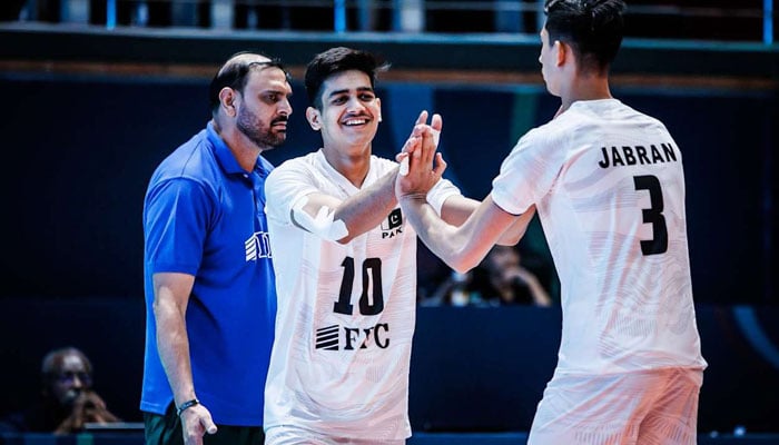 Pakistani players celebrate during their match against Turkiye in the World Volleyball Championship FIVB U19 in Tashkent, Uzbekistan, Saturday. - Reporter