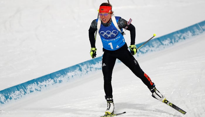 The German Biatleta Laura Dahlmeier of Germany competes in the 4x6 km relay final for women during the 2018 Winter Olympic Games in Alpensia Biathlon Center, Pyeongchang, South Korea on February 22, 2018. - Reuters.