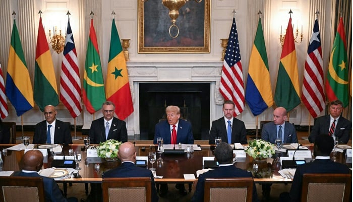 The president of the United States, Donald Trump (C), speaks during a multilateral lunch with visiting African leaders at the White House on Wednesday.