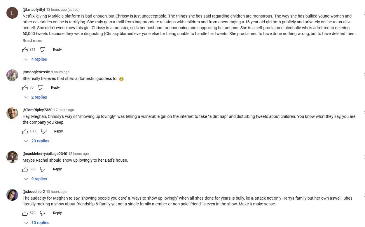 Display captures of comments Meghan Markles Netflix Trailer has received on YouTube