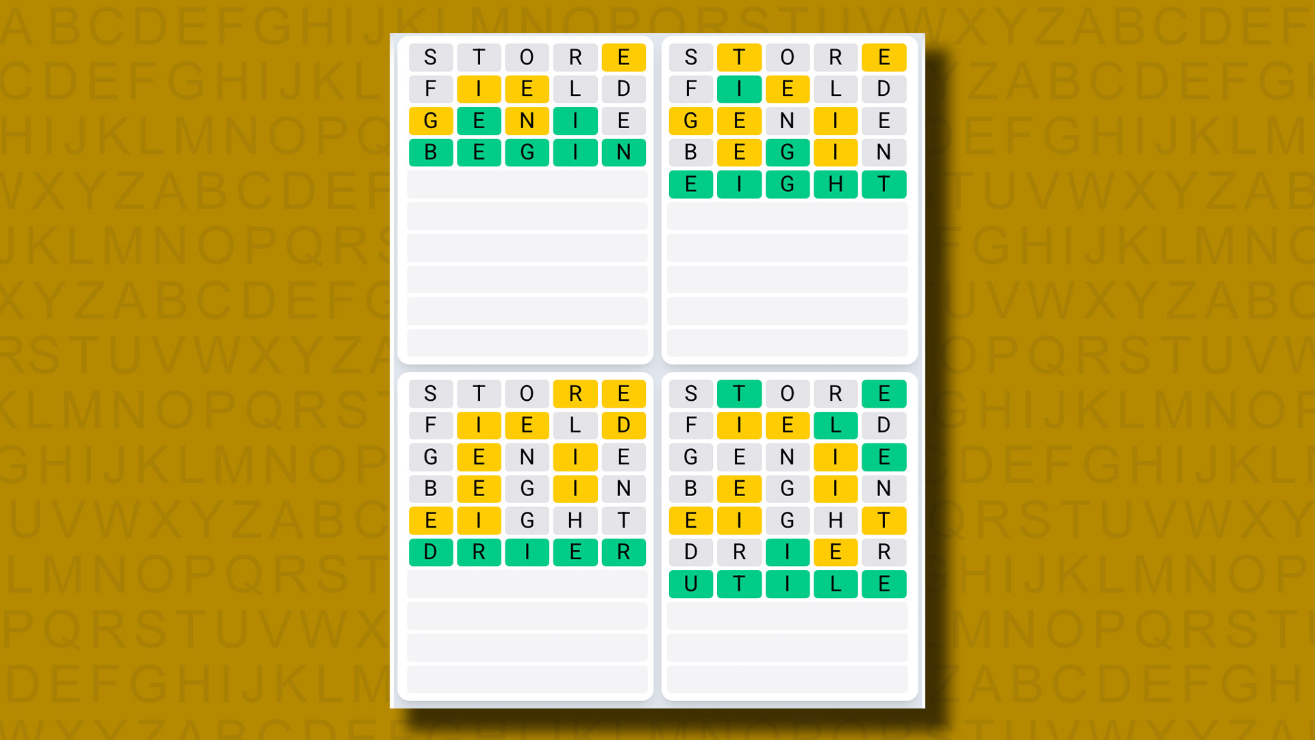 Quordle Daily Sequence Answers for game 1311 on a yellow background