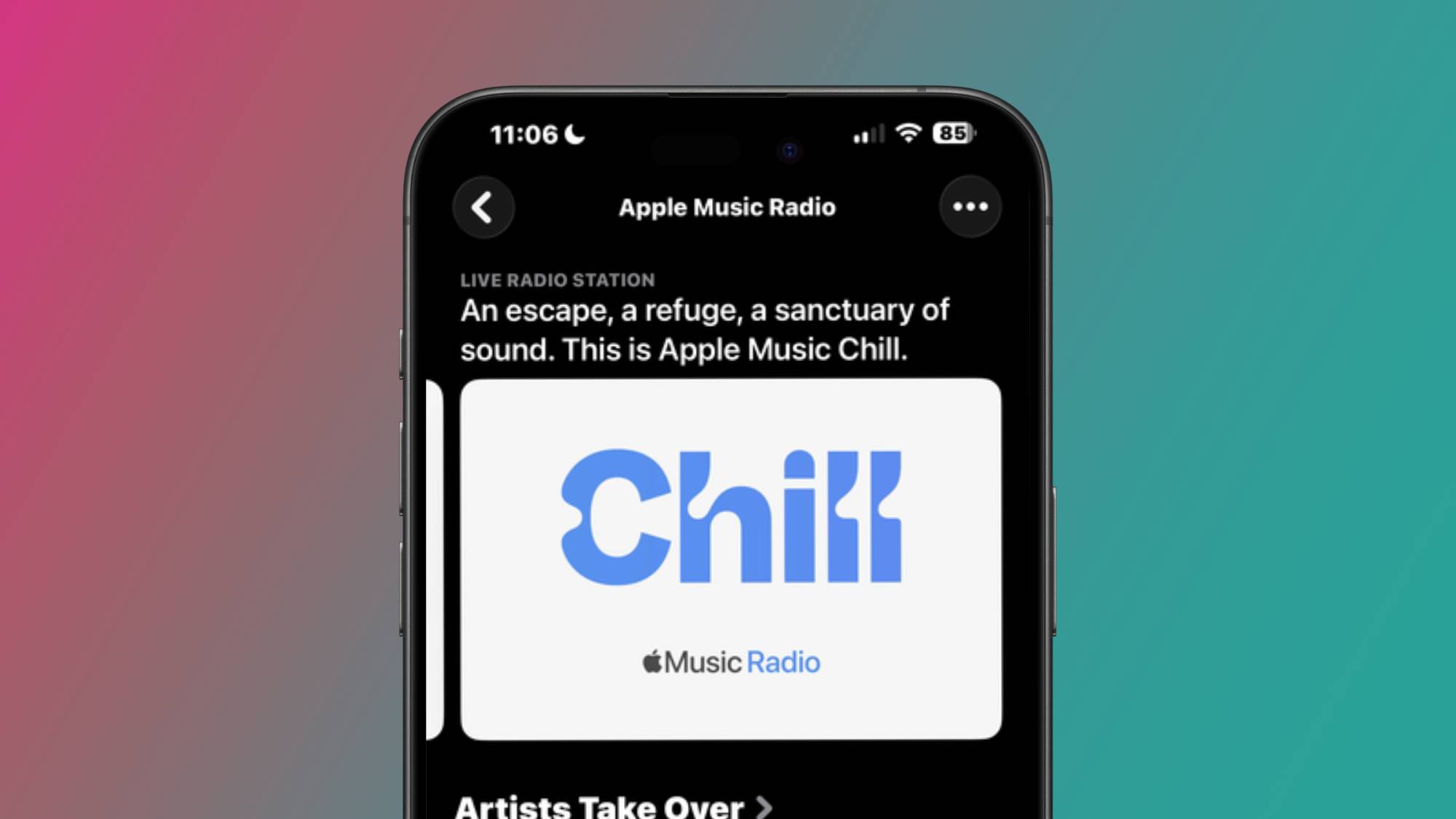 A screenshot of Apple Music Chill Radio Station in the Apple Music application