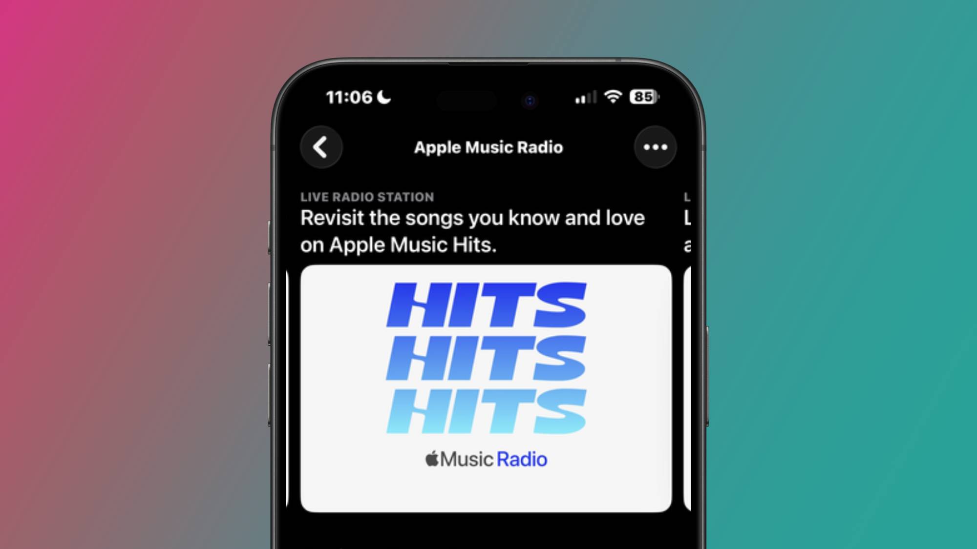 A screenshot of Apple Music Hits Radio Station in the Apple Music application