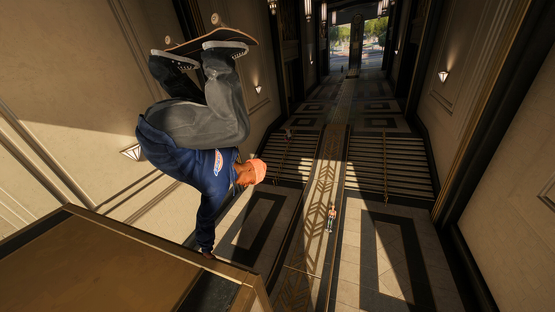A skater pulls a lipstick in a hotel hall area