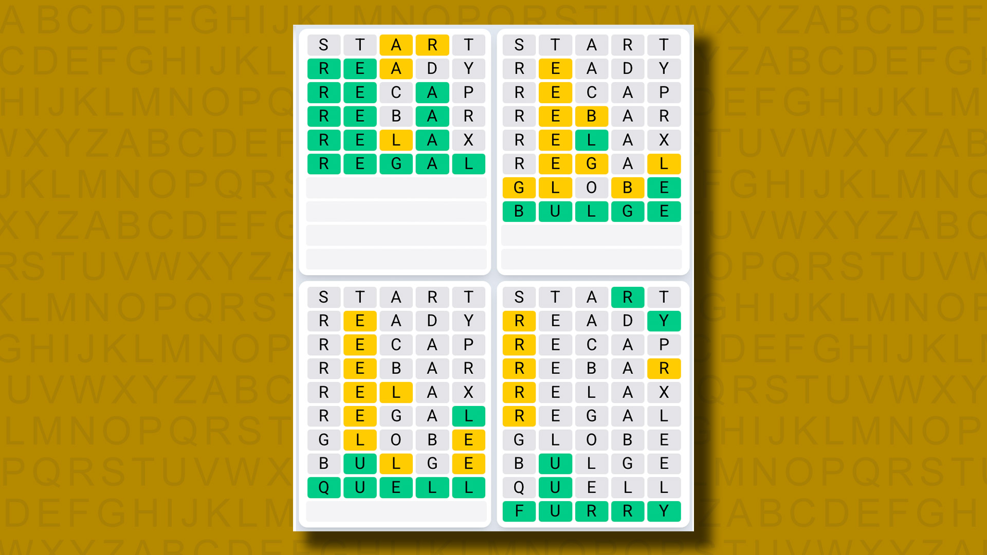 Quordle Daily Sequence Answers for game 1313 on a yellow background