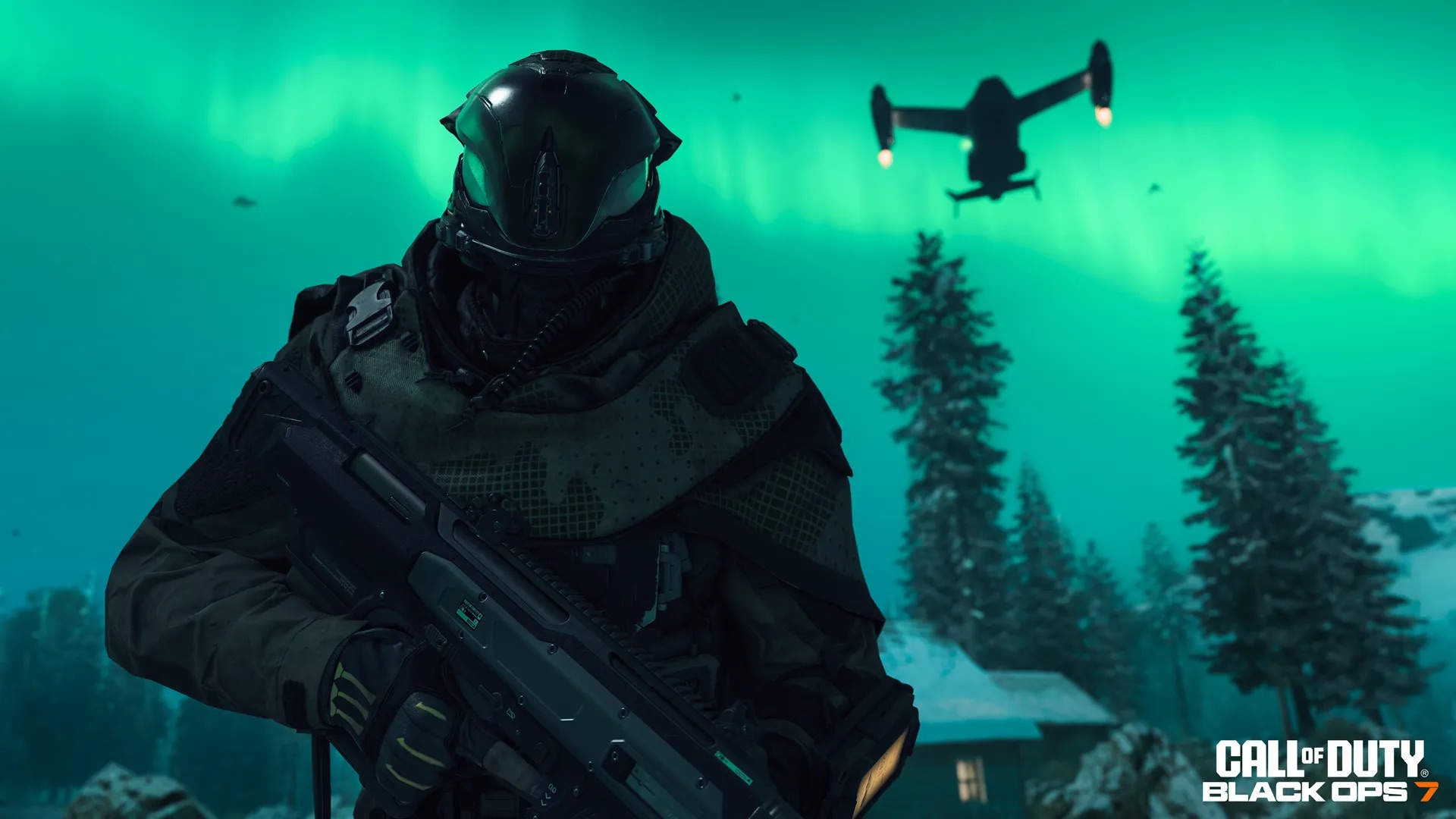 A soldier in a futuristic helmet walks against a backdrop of a green sky full of dawn