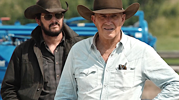 Yellowstone actors in the foreground with lovely hats and the appearance of men who want something bad to happen