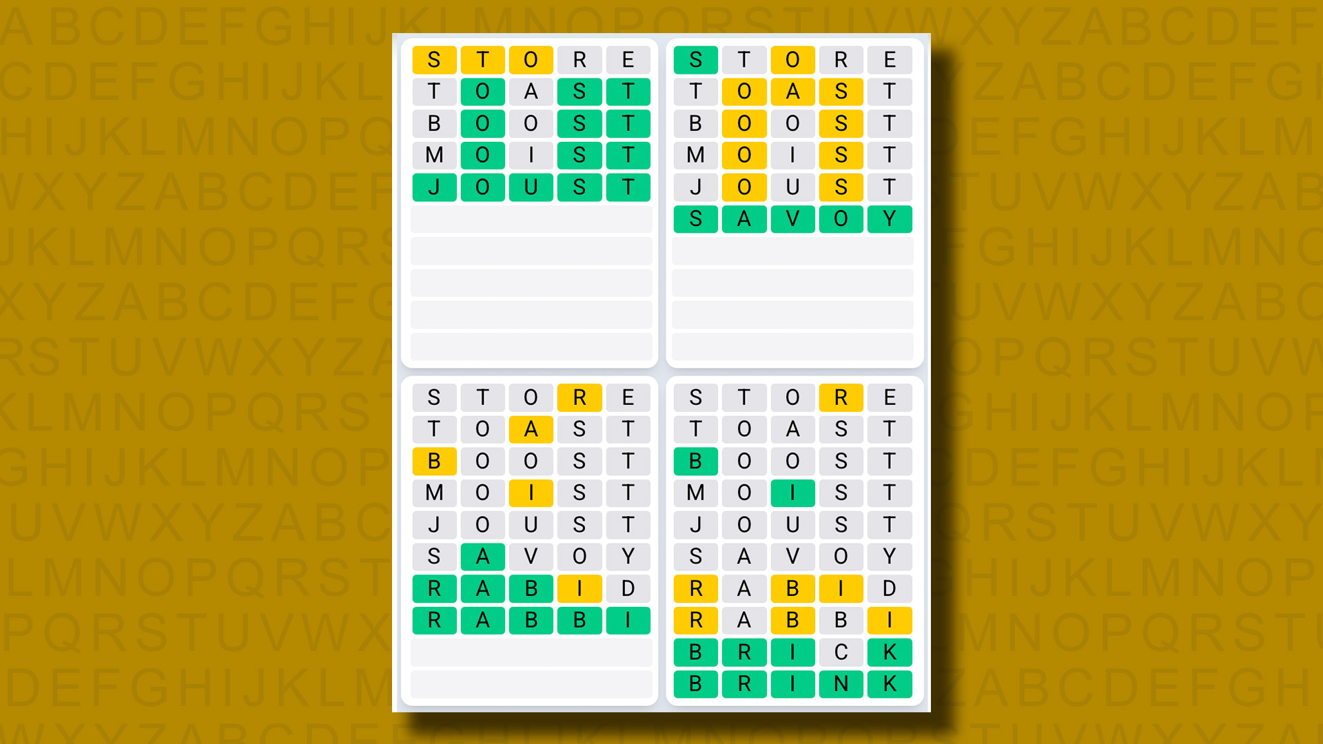 Quordle Daily Sequence Answers for game 1315 on a yellow background