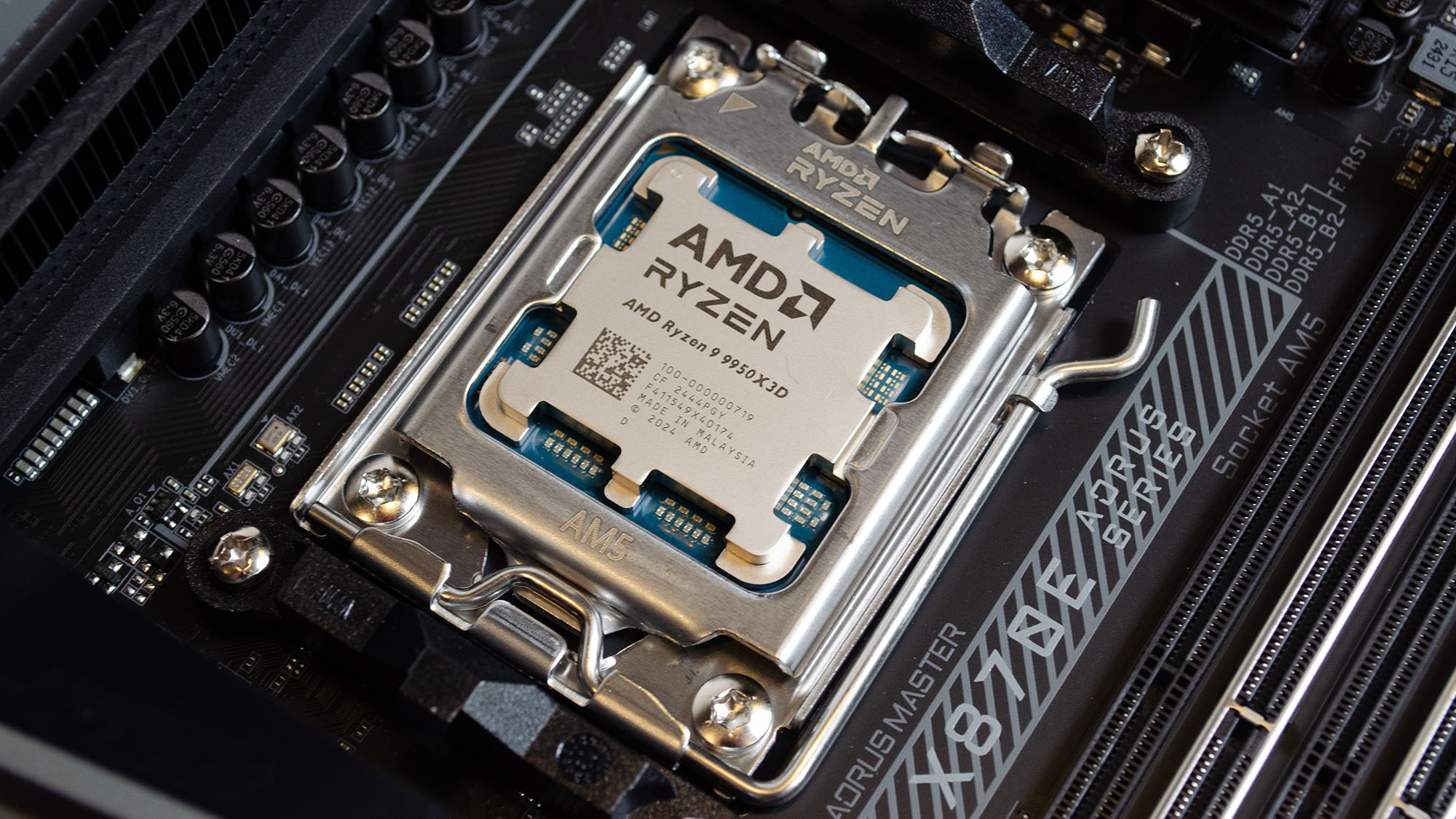 An AMD Ryzen 9 9950x3d on a motherboard
