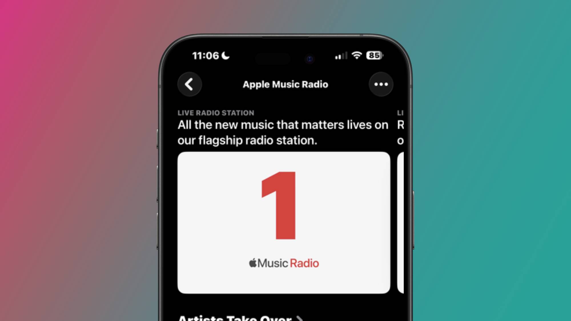 A screenshot of the Apple Music 1 radio station in the Apple Music application