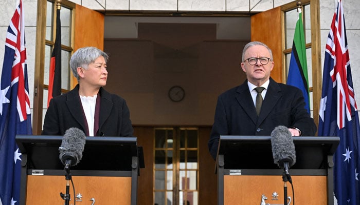 The Australian Prime Minister, Anthony Albanese, speaks together with the Minister of Foreign Affairs Penny Wong during a press conference at the House Parliament in Canberra, Australia, August 11, 2025. - Reuters