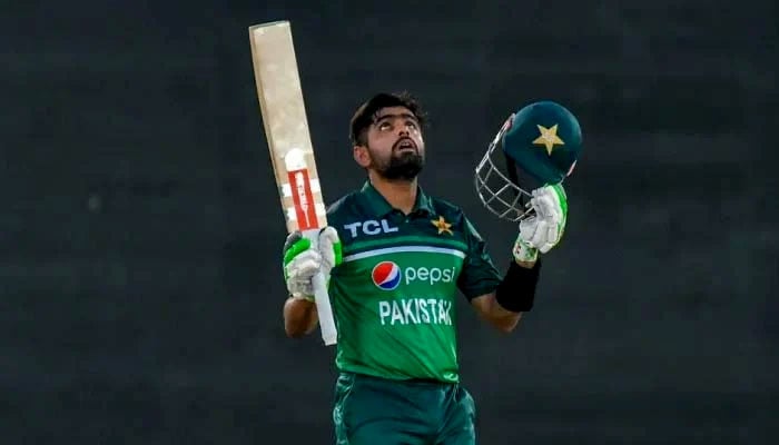 Babar Azam celebrates during the fourth hate against New Zealand at the National Bank Cricket Arena in Karachi, on May 5, 2023. - PCB