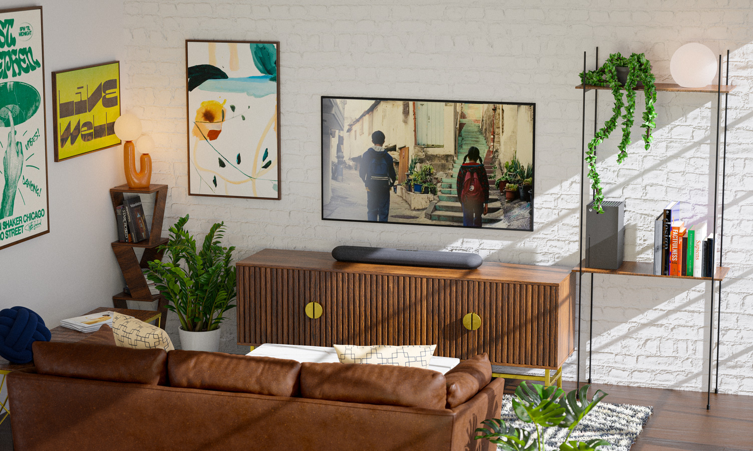 Lifestyle photo of the Blueund Pulse Cinema Mini Sound bar sat in a wooden style unit in a white wall room with many dotted marijuana plants