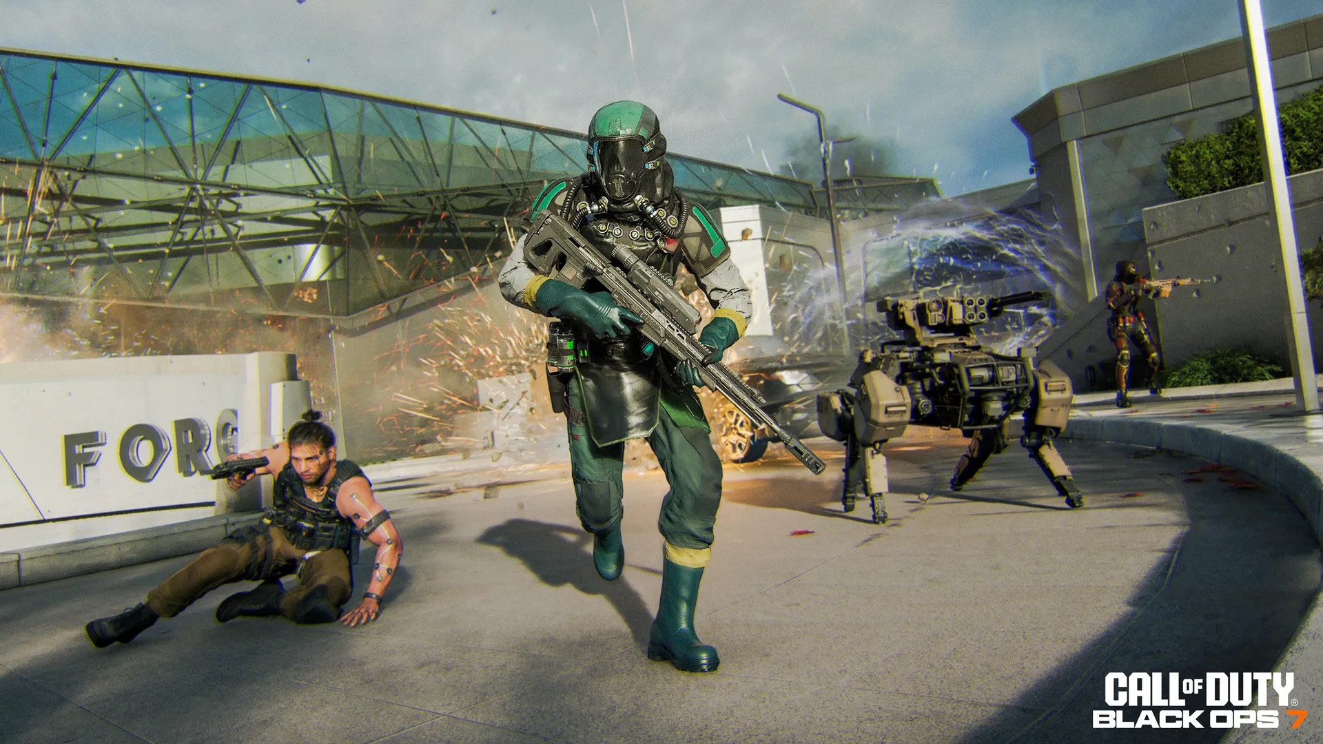 Futuristic soldiers fight on an esplanade next to a robotic dog with mounted machine guns