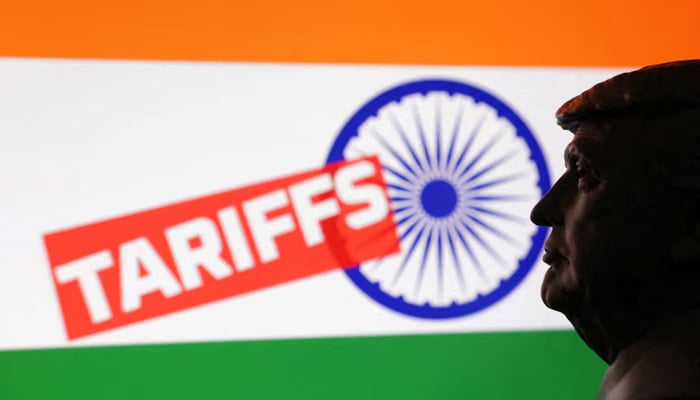 A 3D printed miniature model of US President Donald Trump, the Indian flag and the word rates are seen in this illustration taken on July 23, 2025.-Reuters