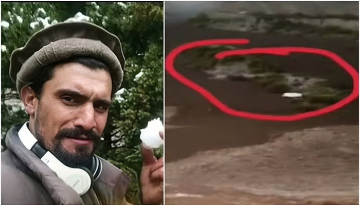 This combination of photos shows Wasiat Khan (left) and the newly formed lake in Ghizer, Gilgit-Baltistan. —Screengrab/PakGazette News