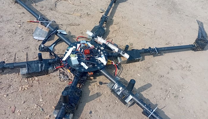 This image shows Indian drone demolished by the security forces in LaHore. - Reporter