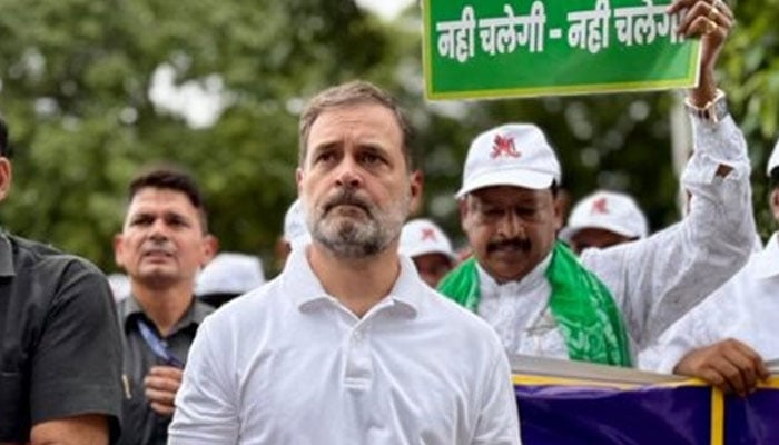 The image of the Rahul Gandhis Congress leader during a protest against the alleged electoral fraud on August 11, 2025.