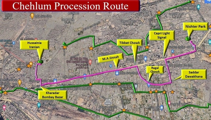 Route map for Chehlum procession in Karachi. - Facebook/ Karachi Traffic Police