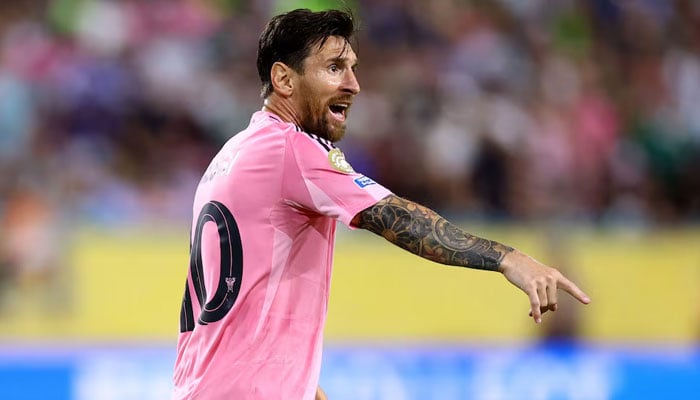 Inter Miami CFS Lionel Messi reacts during a FIFA Club World Cup - Match Group against Palmeiras in Hard Rock Stadium, Miami Gardens, Florida, USA